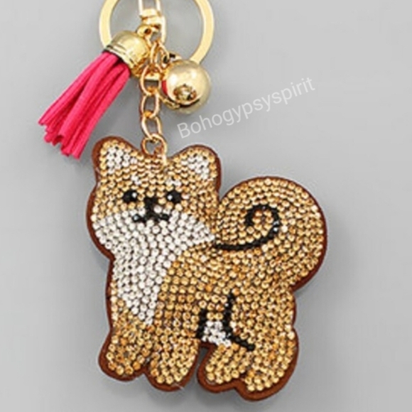 Bling Shibu Dog Crystal Rhinestone Keychain Bag Charm With Pink Tassel - Picture 9 of 14